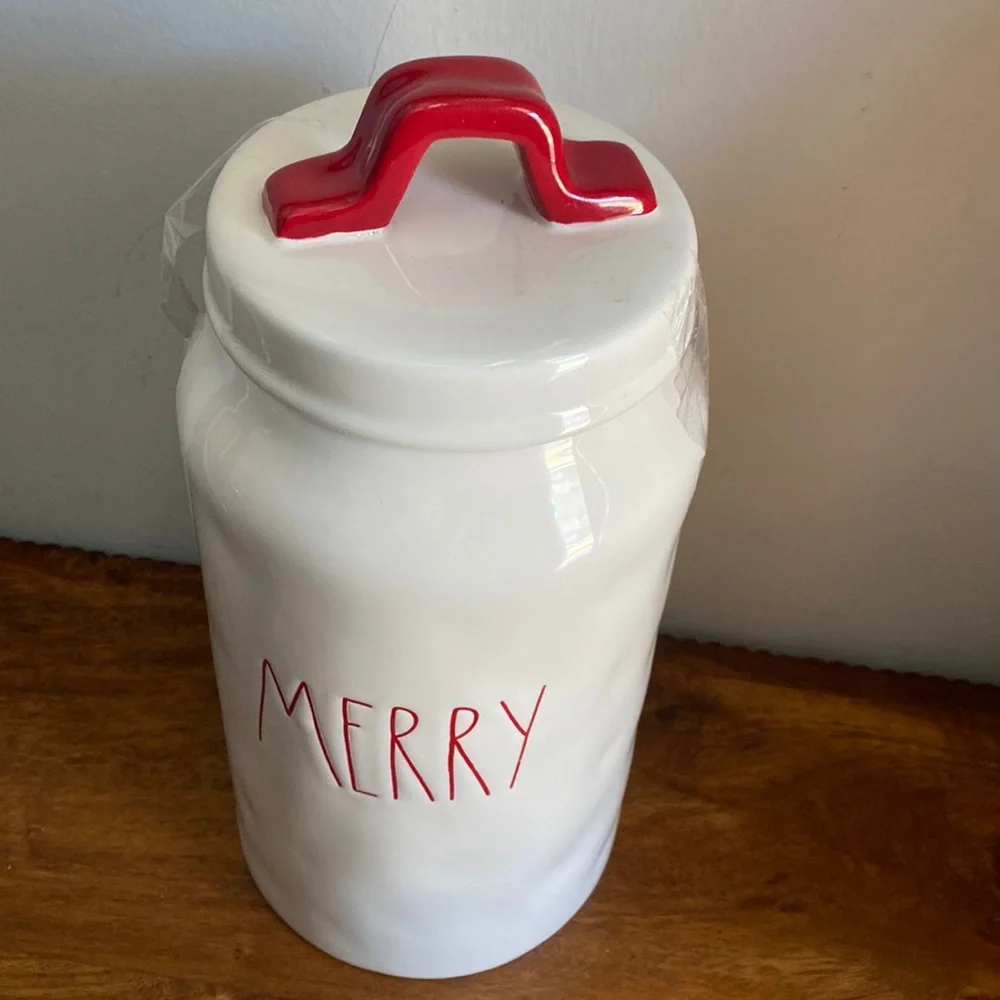 New Rae Dunn Merry Christmas Ceramic Canister Jar White Red LL